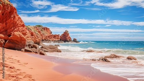 Red cliffs on sandy beach in Algrave, Portugal at sunny day © LaxmiOwl