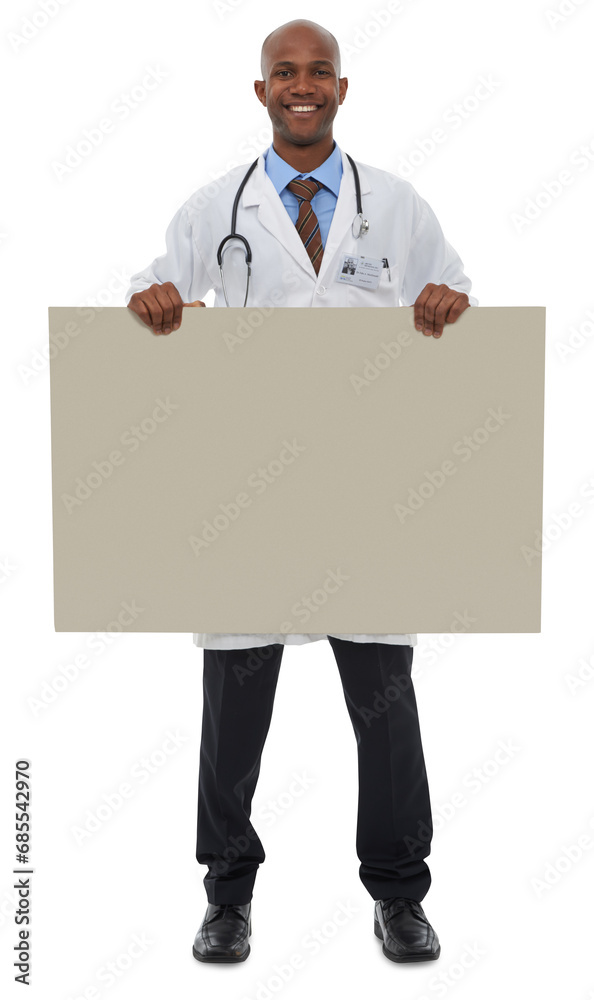 Happy black man, portrait and doctor with billboard for advertising isolated on a transparent PNG background. African male person, surgeon or medical professional holding sign or poster in healthcare Happy black man, portrait and doctor with billboard for advertising isolated on a transparent PNG background. African male person, surgeon or medical professional holding sign or poster in healthcare