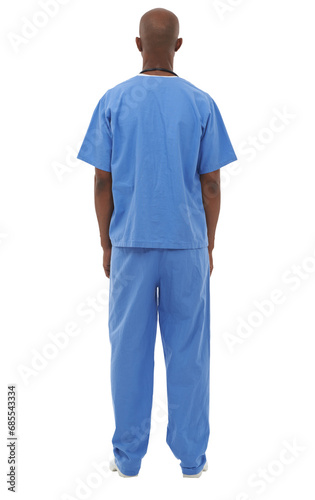 Back, black man and doctor with healthcare, uniform and employee isolated on a transparent background. African person, model and medical with professional, career and physician with png and nurse
