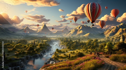 Colorful balloons float above mountains, rivers, and seas of mist. © Afeefa_Rehman