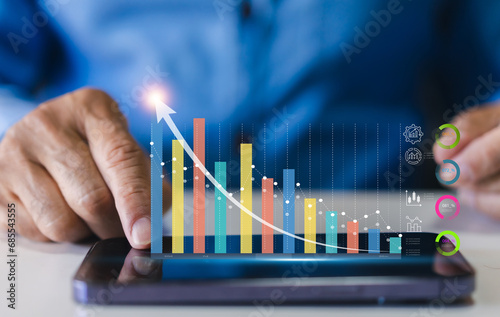 Human with business financial investment data graph, business growth and strategy planning business goals, money, stock market, chart, investment, funds, banking, marketing, profit, target