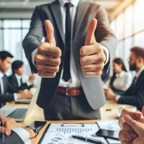 Hands showing thumbs up with business men endorsing, giving approval or saying thank you as a team in the office