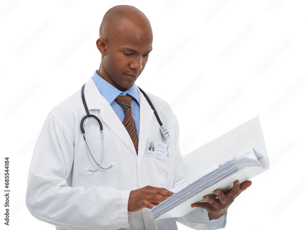 Paperwork, medical and black man doctor doing research for diagnosis or treatment with career. Documents, healthcare and African male surgeon on the internet isolated by transparent png background. Paperwork, medical and black man doctor doing research for diagnosis or treatment with career. Documents, healthcare and African male surgeon on the internet isolated by transparent png background.