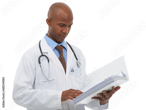 Paperwork, medical and black man doctor doing research for diagnosis or treatment with career. Documents, healthcare and African male surgeon on the internet isolated by transparent png background.