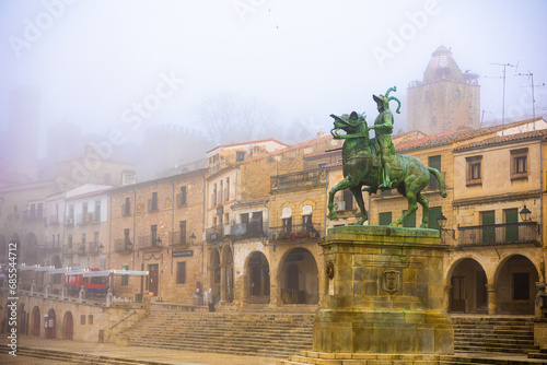 Pizarro statue and Plaza Mayor Square in city Trujillo. Spain photo