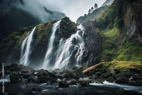 Majestic waterfall cascading down a lush, misty cliff with rocks in the foreground.