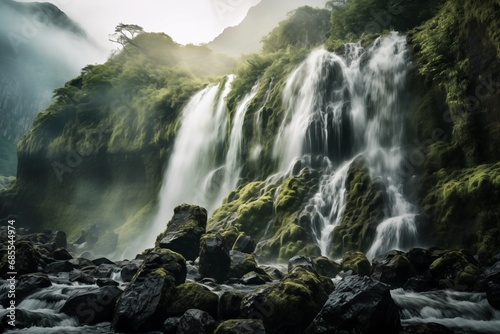 Majestic waterfall cascading over lush green cliffs with mist and sunlight, serene nature backdrop.