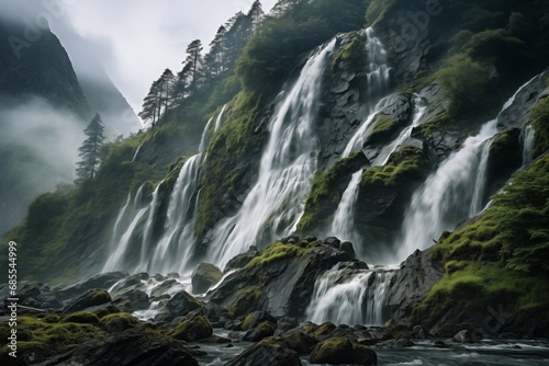 Majestic waterfalls cascade down a lush mountain amidst mist, surrounded by greenery and rocks.