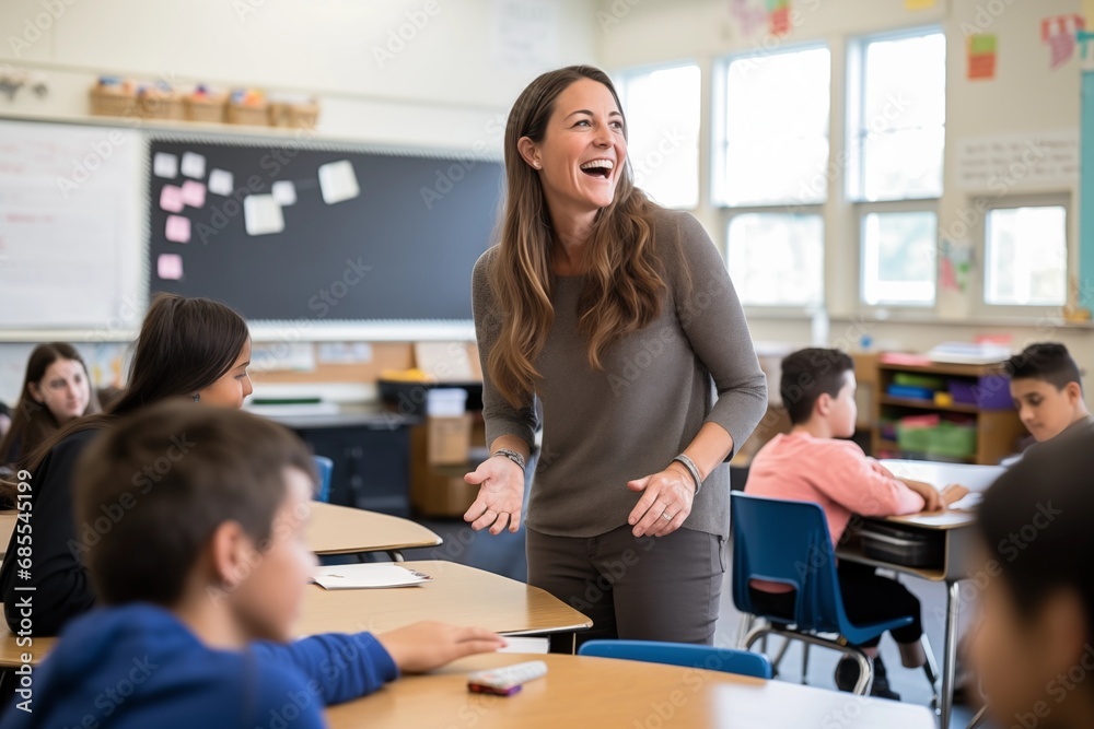 Smiling female teacher engaging with students in a bright classroom setting.