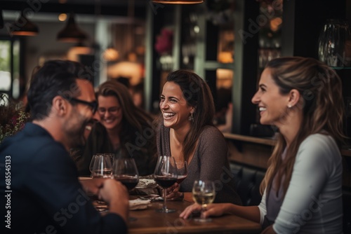 Group of friends enjoying conversation and drinks at a cozy bar.