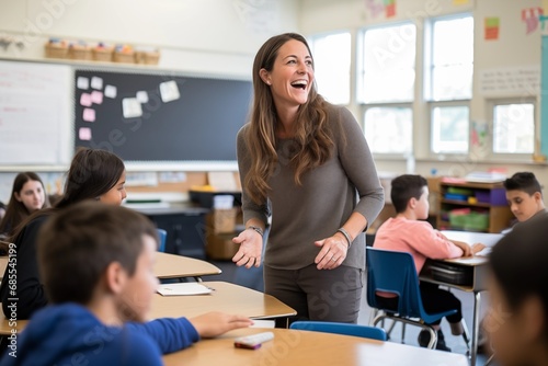 Smiling female teacher engaging with students in a bright classroom setting. photo