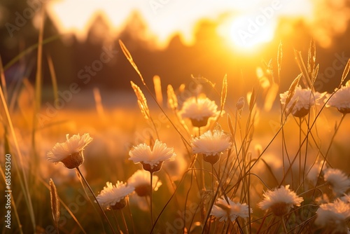 Obraz na płótnie Golden sunset over a tranquil field with blooming wildflowers and tall grasses, evoking a warm, peaceful summer evening. w salonie