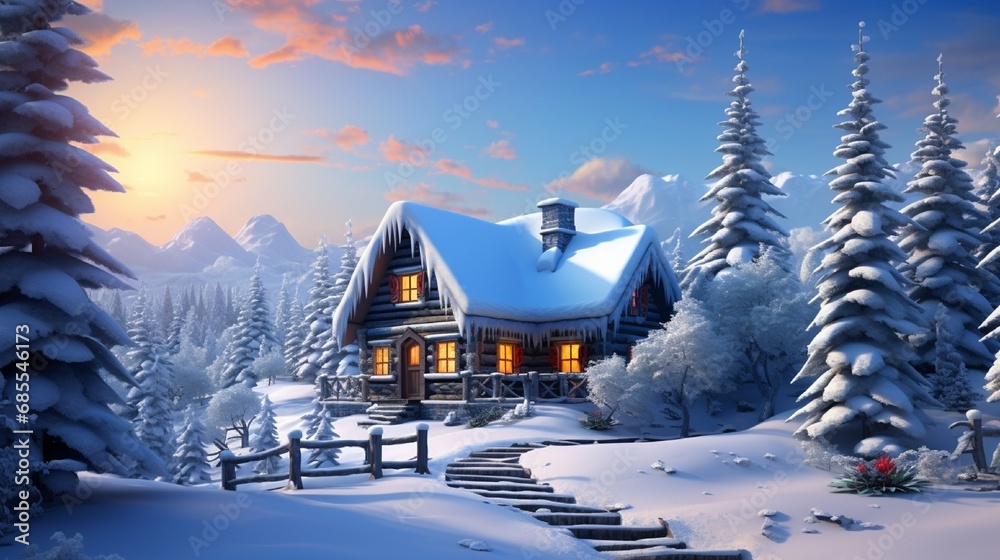 Fototapeta premium house in the mountains covered with snow in winter session generated by AI tool