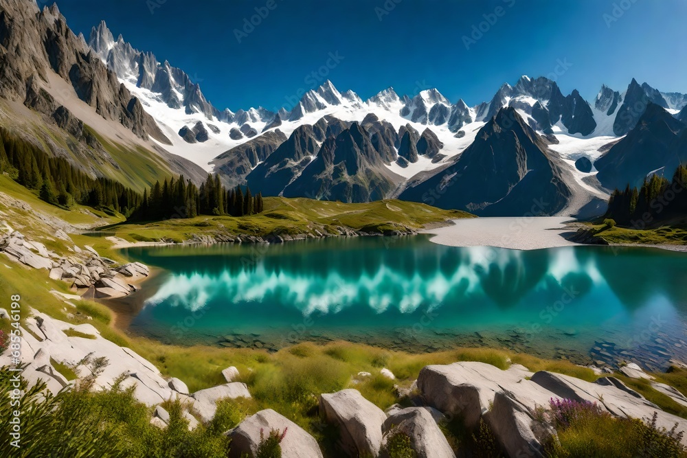Colorful summer panorama of the Lac Blanc lake with Mont Blanc (Monte Bianco) on background, 