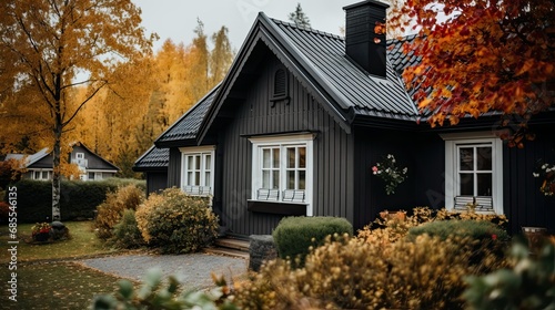 Scandinavian style house. Modern exterior of private house. Rustic architecture with large windows. Autumn season.