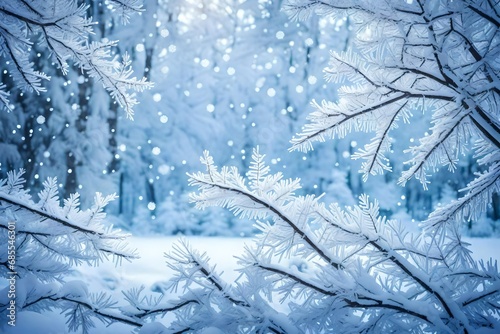 Winter Background with snow branches tree leaves and snowflakes on background Holiday Christmas greeting card © usman