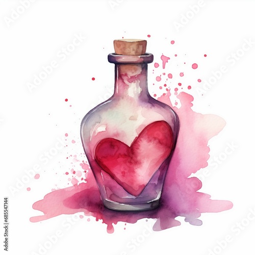 Watercolor love potion bottle, white background. AI generate illustration photo