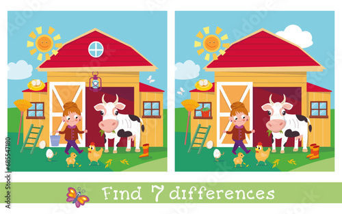 Cute children farmers and animals. Find 7 differences. Educational puzzle game for children.  Cartoon funny characters. Vector illustration for kids.