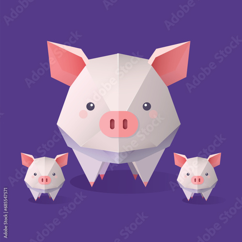 cute pigs and piglets in origami vector style