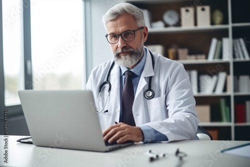 mature adult doctor working in the office using computer. ai generated