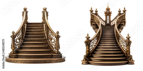 A set of stairs with a golden railing on transparent background photo