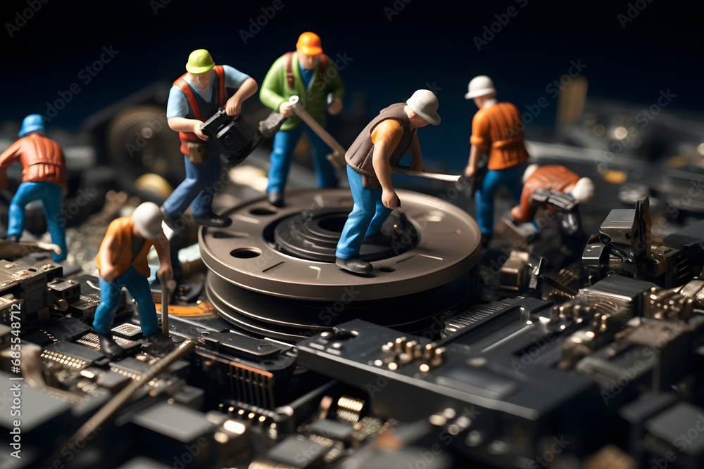 Small toy people engineers repairing technics and computer motherboards and components illustration  - obrazy, fototapety, plakaty 