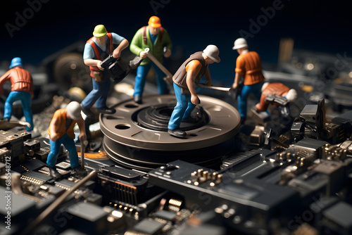 Small toy people engineers repairing technics and computer motherboards and components illustration  photo