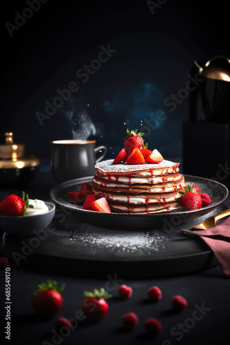 Delicious pancakes with cream and strawberries