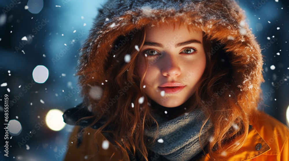 portrait of a woman in winter, snowing, warm puffer coat