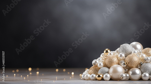 pearls and christmas baubles on a black background