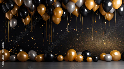 Gold and black balloons card or banner poster background