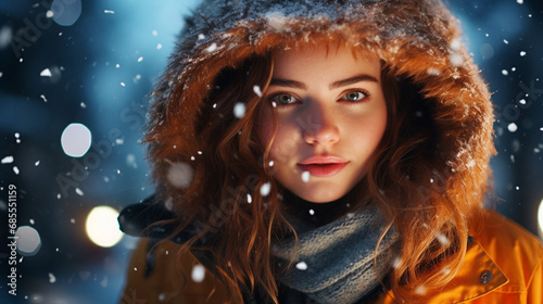 portrait of a woman in winter  snowing  warm puffer coat