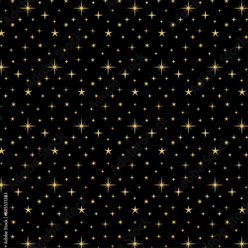 Abstract background with stylish golden glitter stars on black seamless vector pattern. Shining gold shimmer for funky design print.