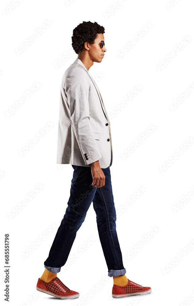 Profile, black man and fashion with gen z, stylish clothes and confident guy isolated on a transparent background. African person, full body and model with casual outfit, hipster and trendy with png