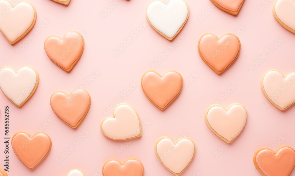 Pattern of homemade heart-shaped gingerbread cookies on a pastel pink canvas. White and pink glaze. Birthday, Valentine's day and Woman day present