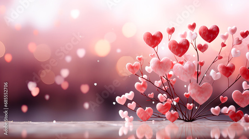 Valentine's day background with red hearts and bokeh lights. Generative AI technology.