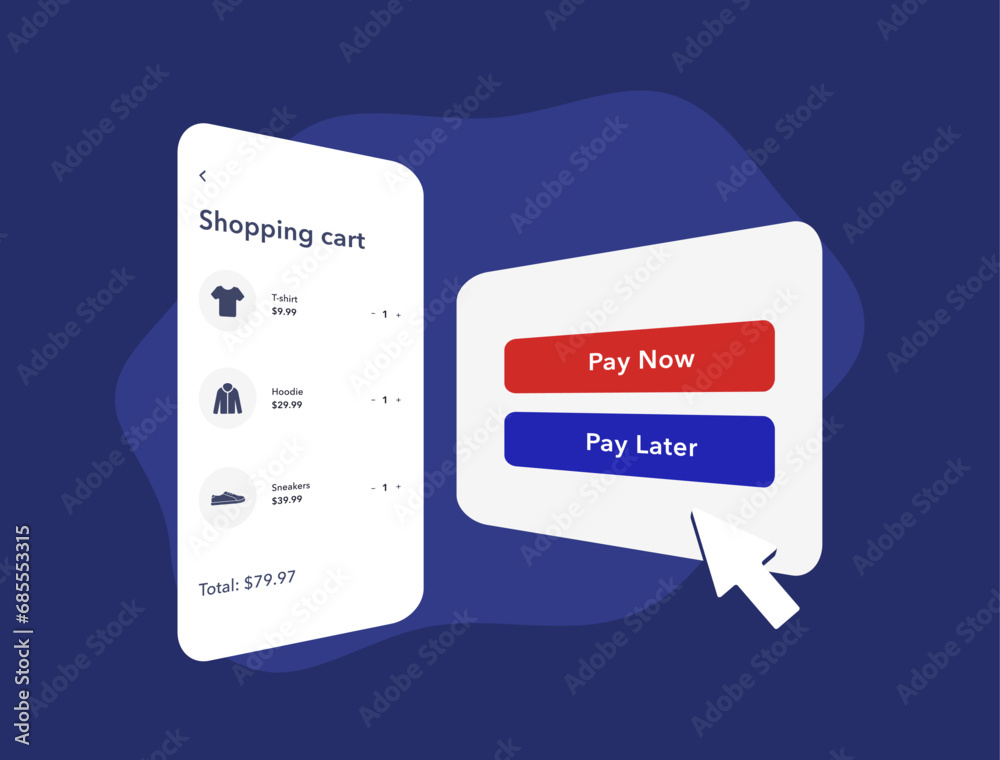 BNPL E-commerce strategy with flexible payment. Buy Now Pay Later Business Payment Method. Credit option without bank card at m-commerce checkout. Vector illustration isolated on blue background
