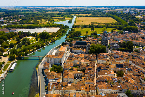 Bild auf Leinwand Scenic view from drone of historic district of Saintes town overlooking Flamboyant Gothic cathedral of St