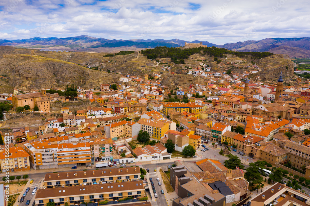 Panoramic view of historical area of Spanish town of Calatayud with view of mountains, Zaragoza