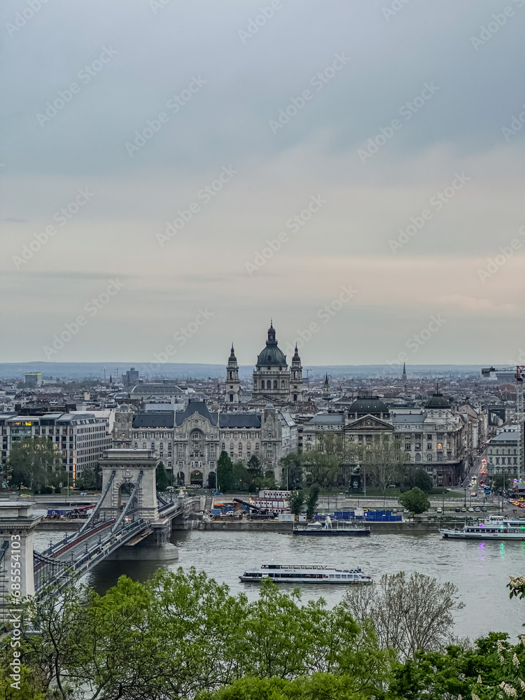 View of Budapest with Széchenyi Chain Bridge from the Buda Castle Hill in Budapest, Hungary