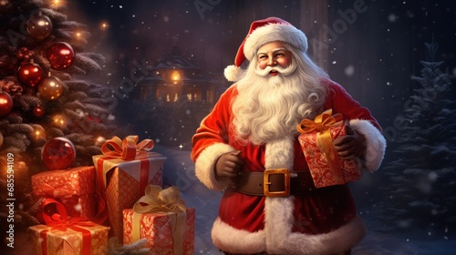 a person in a santa suit holding a box of presents. Ai ilustration. digital painting. Generative AI Artificial Intelligence Artwork