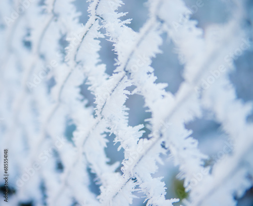 Snow wall, Metal mesh covered with frost. Abstract background. Winter atmosphere. The texture of snow and ice.