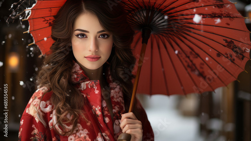 a girl in red Kimono with umbrella with white snow, Hokkaido, Japan.generative ai