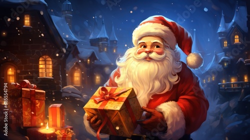 a person in a santa suit holding a book in a snowy town. Ai ilustration. digital painting. Generative AI Artificial Intelligence Artwork