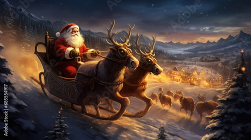 a person riding a reindeer carriage. Ai ilustration. digital painting. Generative AI Artificial Intelligence Artwork