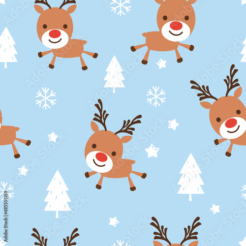 Christmas seamless pattern with reindeer cartoons, pine tree and snowflakes on blue background vector illustration.