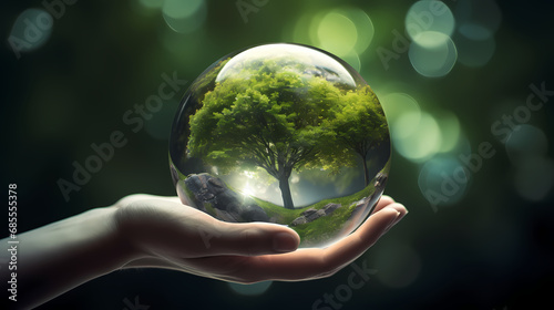 Human hand holding glass ball with tree inside. Environment conservation concept, no text, no people, illustrati photo