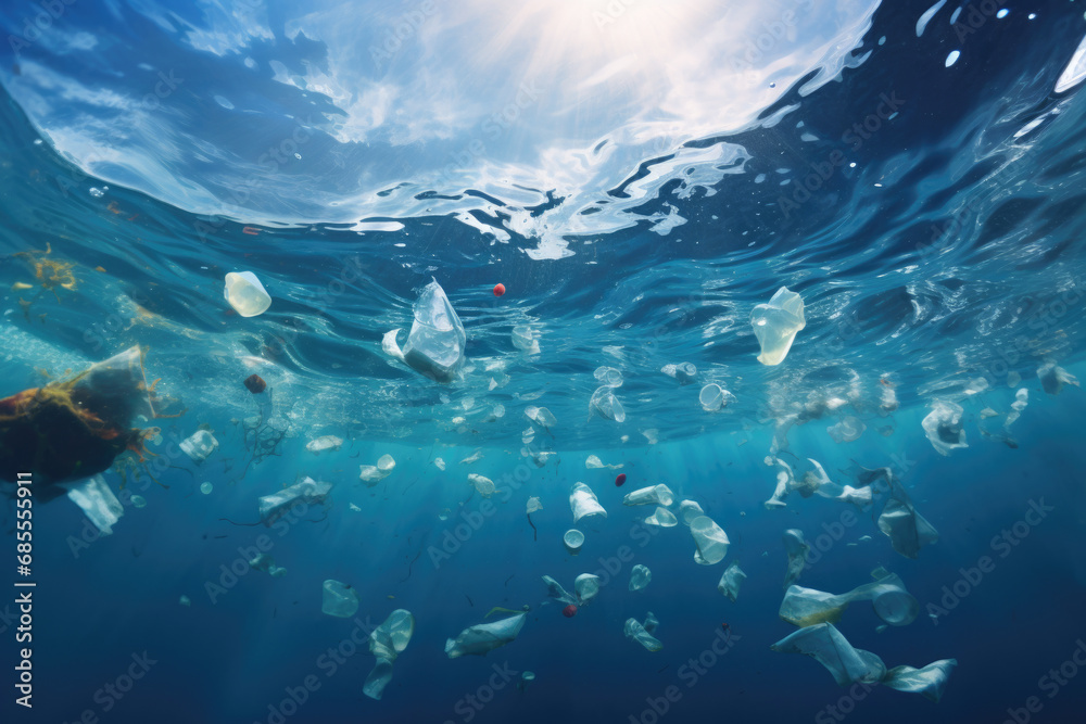 Depiction of group of plastic trash floating in ocean. This image can be used to highlight issue of pollution and impact of plastic waste on marine life.