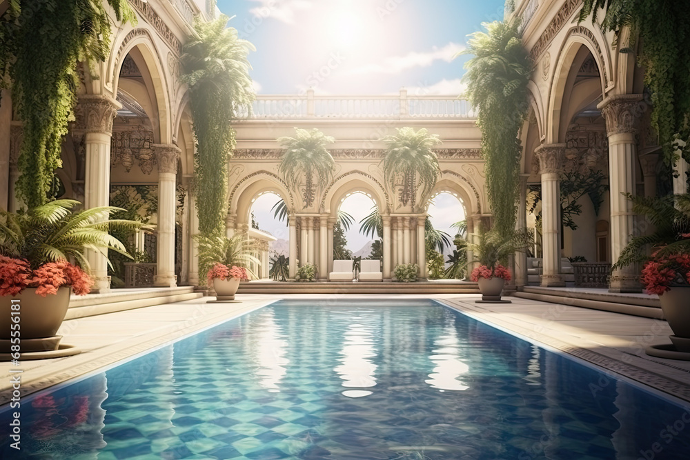 luxury mansion swimming pool courtyard with palm trees