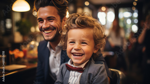 Cute little boy is getting haircut by hairdresser at the barbershop generative ai